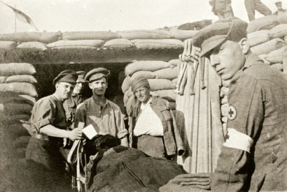 RAMC stretcher-bearers from the South Eastern Mounted Brigade enter the Field Ambulance dressing station at Y Ravine. Picture courtesy of Stephen Chambers