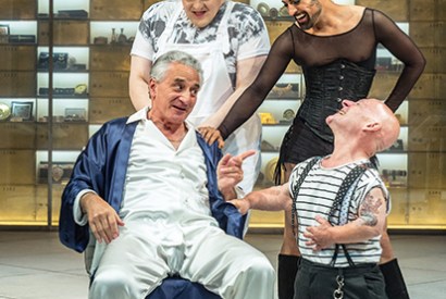 Volpone and his coterie of misfits, L–R from the back: Julian Hoult (Castrone), Ankur Bahl (Androgyno), Henry Goodman (Volpone) and Jonathan Key (Nano)