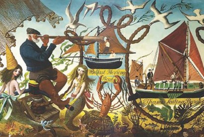 ‘Working Boats from around the British Coast’: mural with mermaids and a dancing lobster by the visionary artist Alan Sorrell, commissioned for the Festival of Britain, 1951