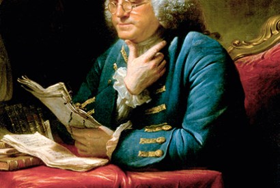 Benjamin Franklin in London, with the bust of Isaac Newton on his desk