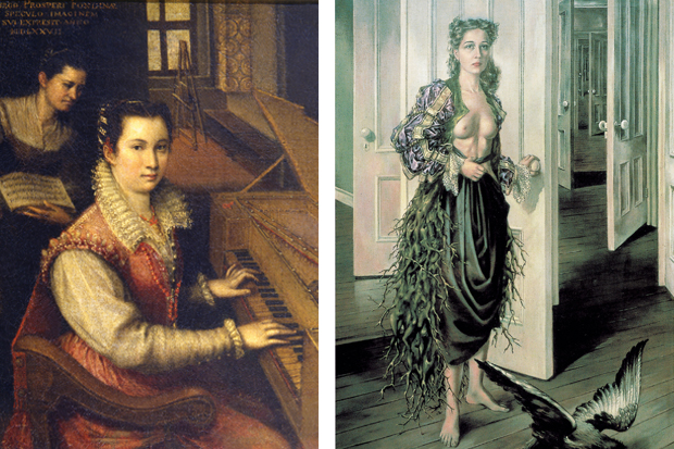 Self-portrait at the spinet by Lavinia Fontana, 1578 and ‘Birthday’ by Dorothea Tanning, 1942