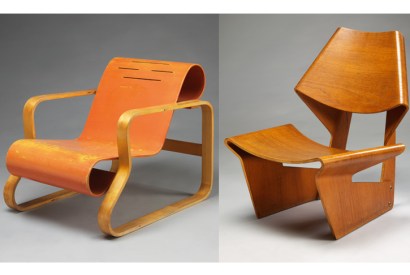 Plywood at its most curvaceous, acceptable and collectible: Alvar Aalto armchair, 1930 (left), and moulded plywood chair by Grete Jalk, 1963