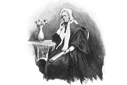 The miserly widow Mary Emsley, clutching a roll of her precious wallpaper, as portrayed in the popular press