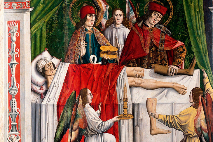 ‘A verger’s dream: Saints Cosmas and Damian performing a miraculous cure by transplantation of a leg’. The Spanish altarpiece by the Master of Los Balbases depicts a vision described in Jacobus de Voragine’s late medieval Legenda Aurea. (From Medieval Bodies, by Jack Hartnell)