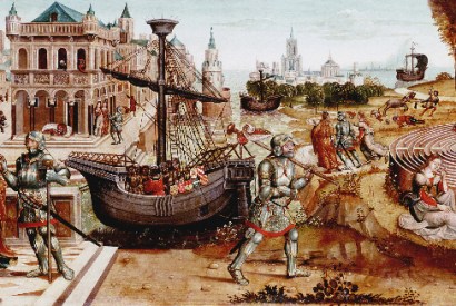 Theseus kills the Minotaur at the centre of the labyrinth. On the left, Ariadne gives him a ball of thread so that he can find his way out.