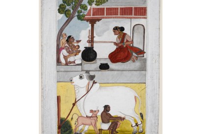 A woman churns butter while her customer and children wait. Below, her husband milks a cow with a calf tied to it