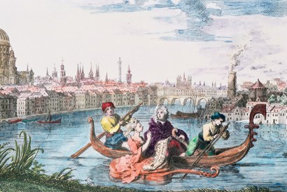 Handel is rowed in a gondola on the Thames, in an illustration for ‘The Water Music’