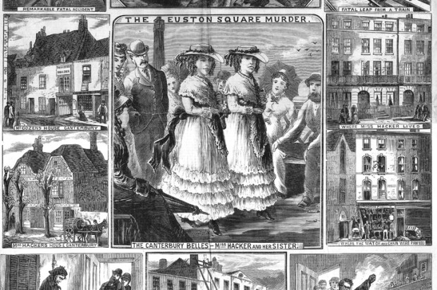 The central image is of the middle-aged Matilda Hacker and her sister Amelia, strolling on the seafront in Kent. Dressed identically in flounced skirts, lace shawls and gaudy sashes, they were referred to as ‘the Canterbury belles’. Cover of The Illustrated Police News, 7 June 1879