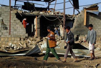 Yemen's capital Sana'a after another airstrike, where Aziz H's award-winning new play is set. Photo: Mohammed Huwais / AFP